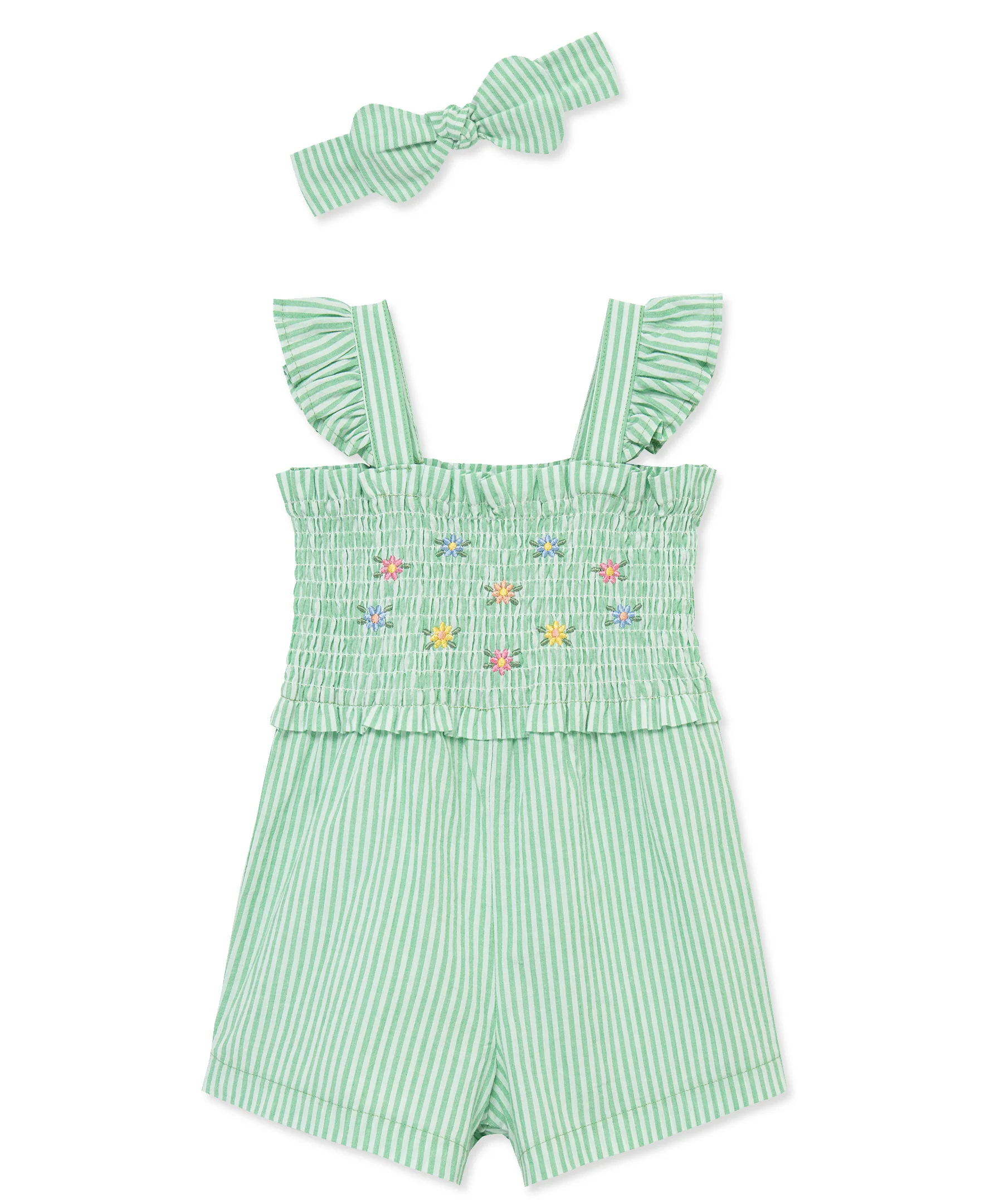 Green Embroidered Woven Romper & Headband (2T-4T)