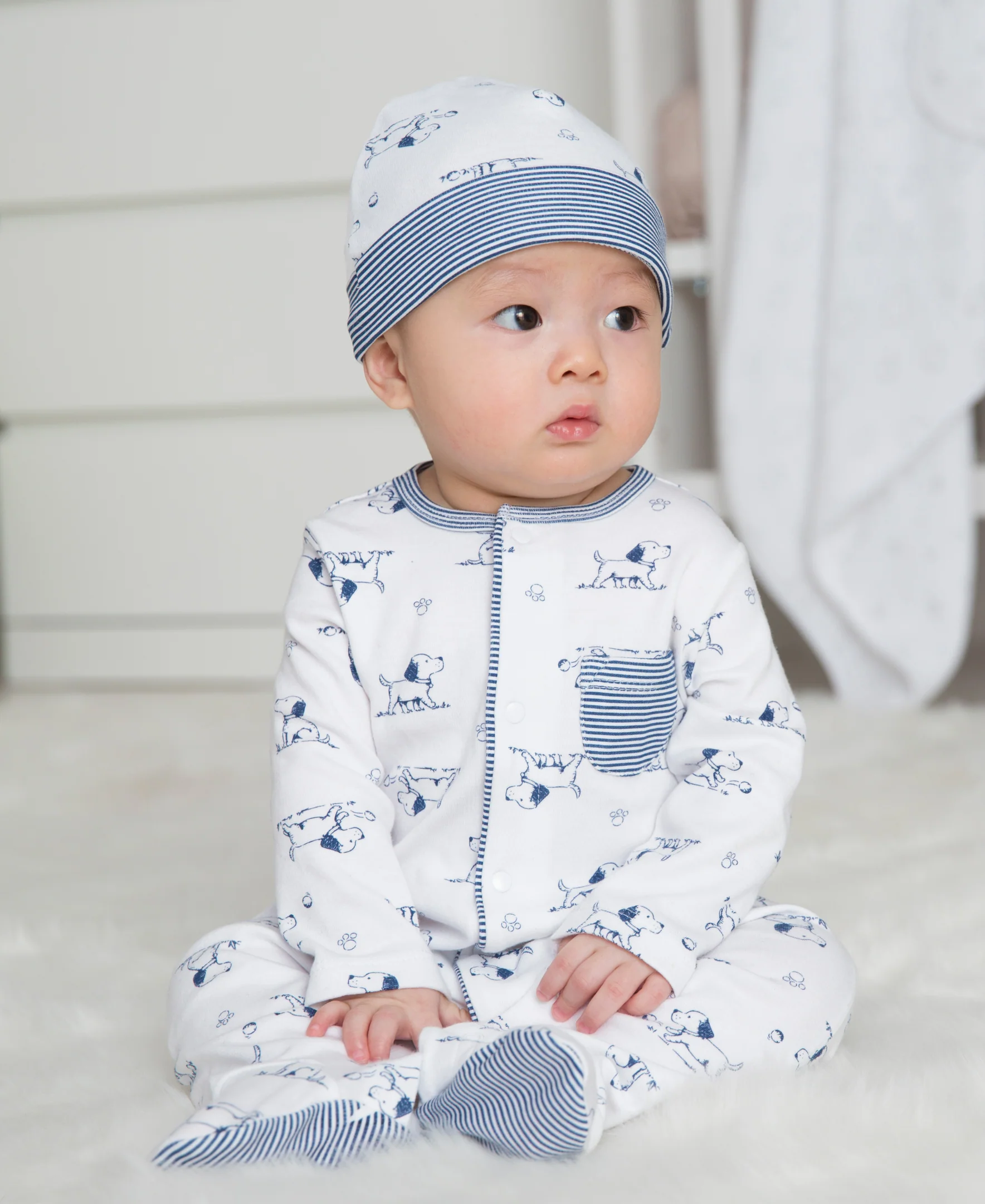 Puppy Toile Footed One-Piece And Hat
